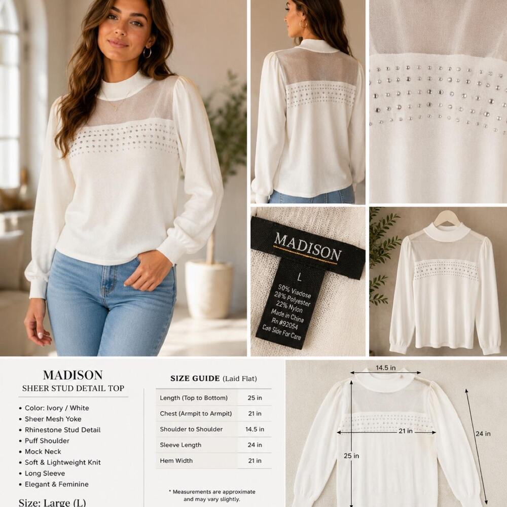 🤍 Madison Ivory Sheer Yoke Rhinestone Top – Size Large